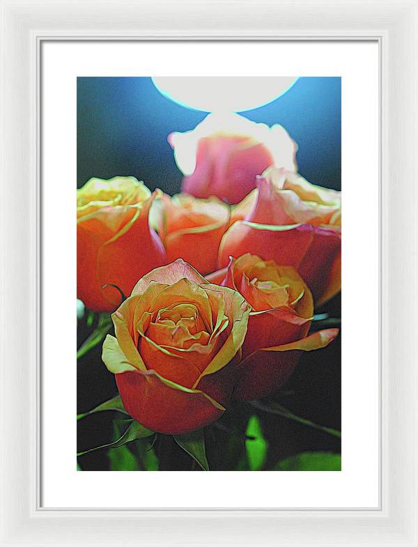 Pinki and Orange Rose Bouquet With Light - Framed Print
