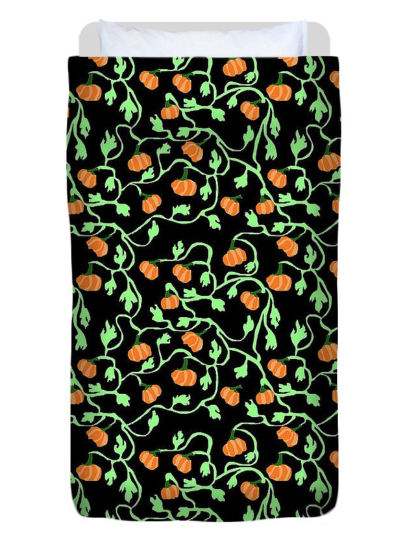 Pumpkins and Vines on Black - Duvet Cover