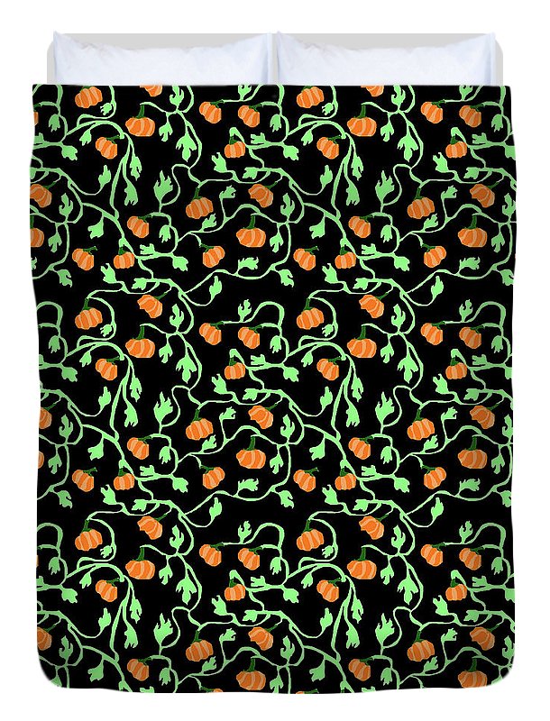 Pumpkins and Vines on Black - Duvet Cover