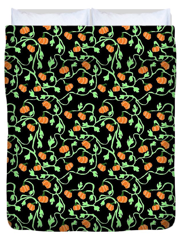 Pumpkins and Vines on Black - Duvet Cover