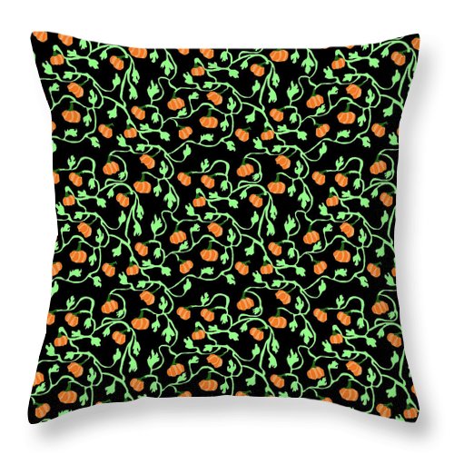 Pumpkins and Vines on Black - Throw Pillow