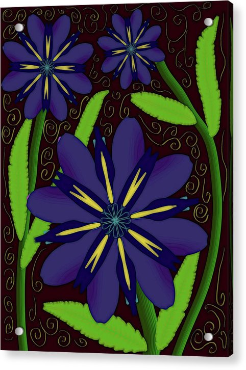 Purple Flowers Yellow Swirls - Acrylic Print