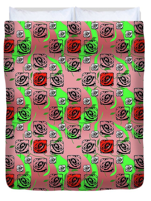 Red and White Roses Pattern On Pink - Duvet Cover
