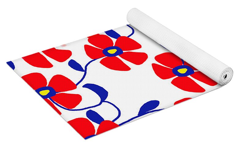 Red Flowers Blue Vines - Yoga Mat