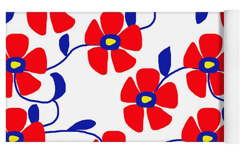 Red Flowers Blue Vines - Yoga Mat