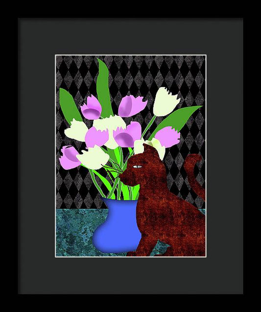 The Cat and The Tulips - Framed Print
