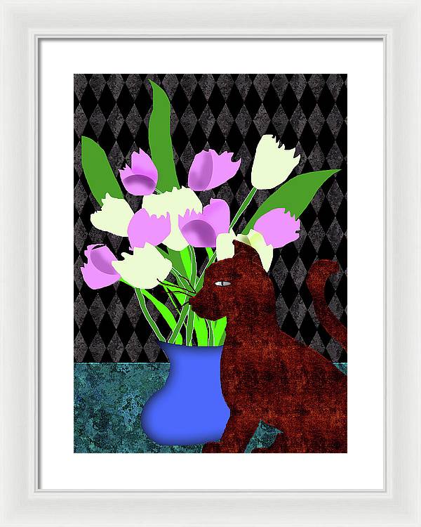 The Cat and The Tulips - Framed Print