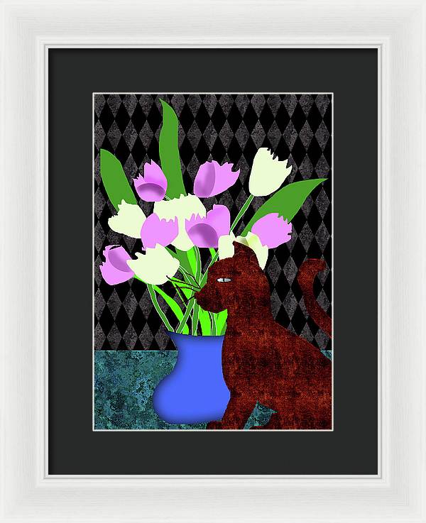 The Cat and The Tulips - Framed Print