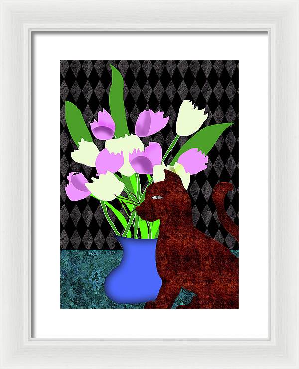 The Cat and The Tulips - Framed Print