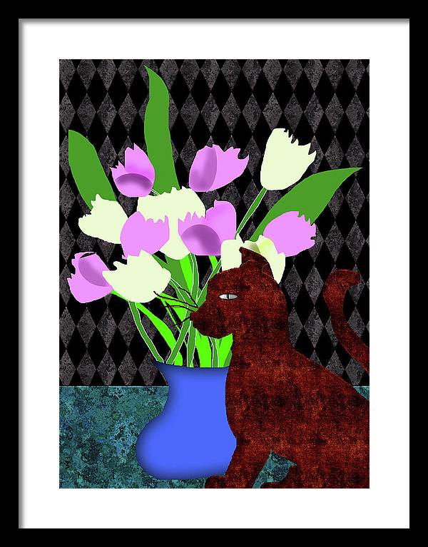 The Cat and The Tulips - Framed Print