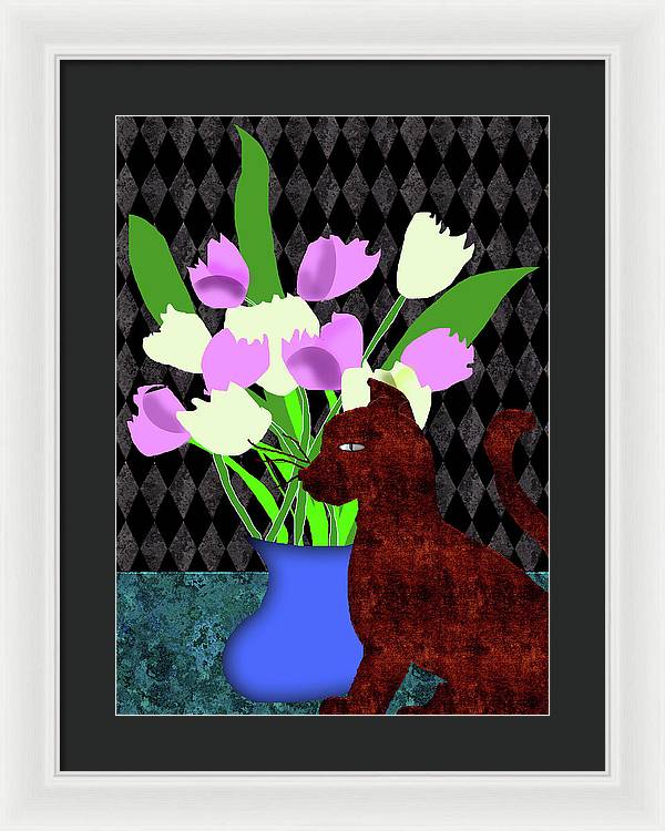 The Cat and The Tulips - Framed Print