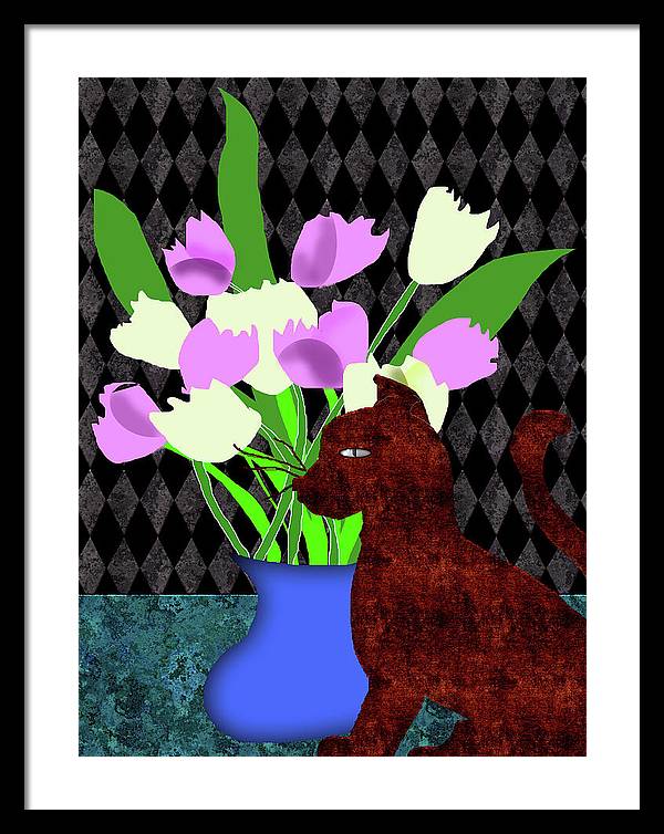 The Cat and The Tulips - Framed Print