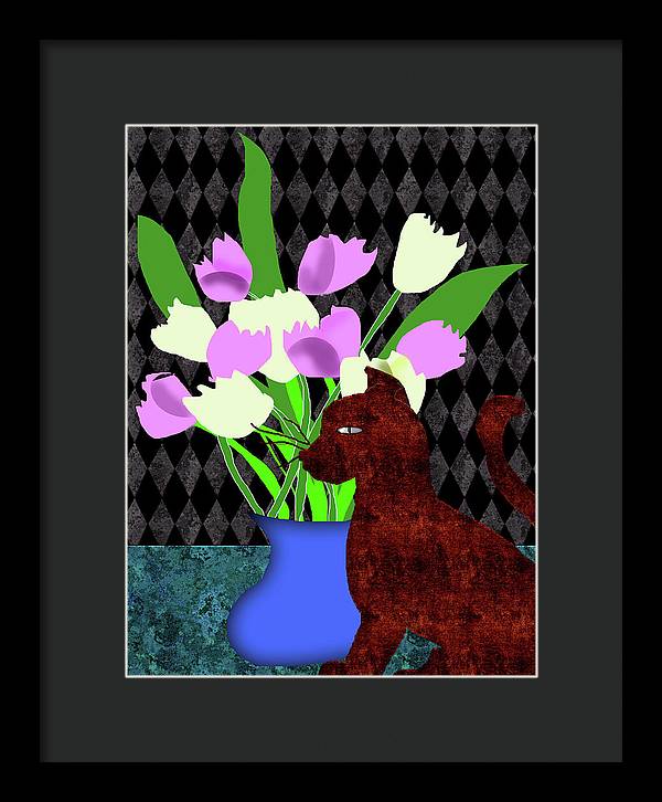 The Cat and The Tulips - Framed Print
