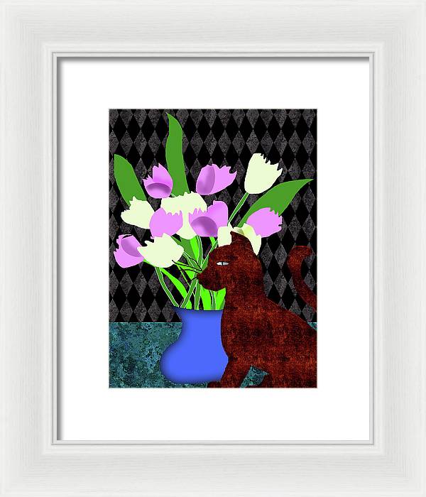 The Cat and The Tulips - Framed Print