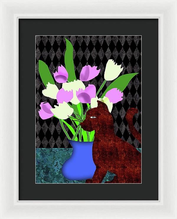 The Cat and The Tulips - Framed Print