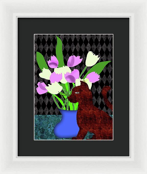 The Cat and The Tulips - Framed Print