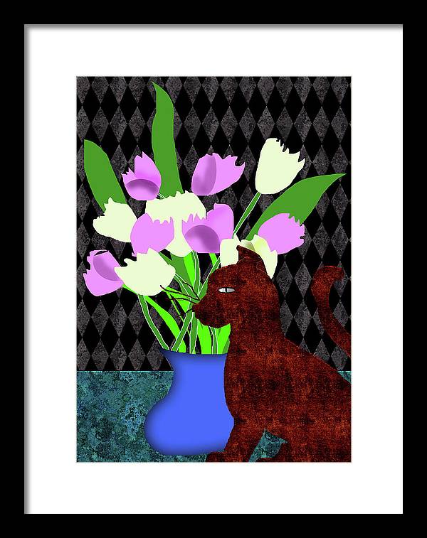 The Cat and The Tulips - Framed Print