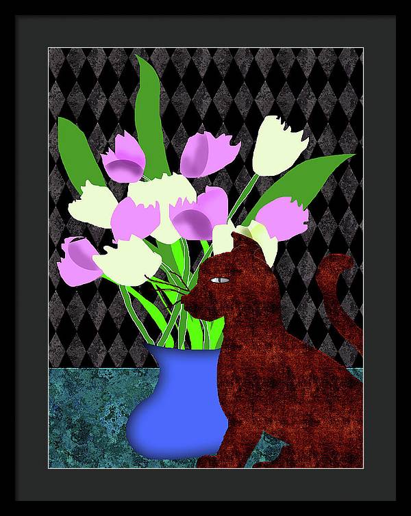 The Cat and The Tulips - Framed Print