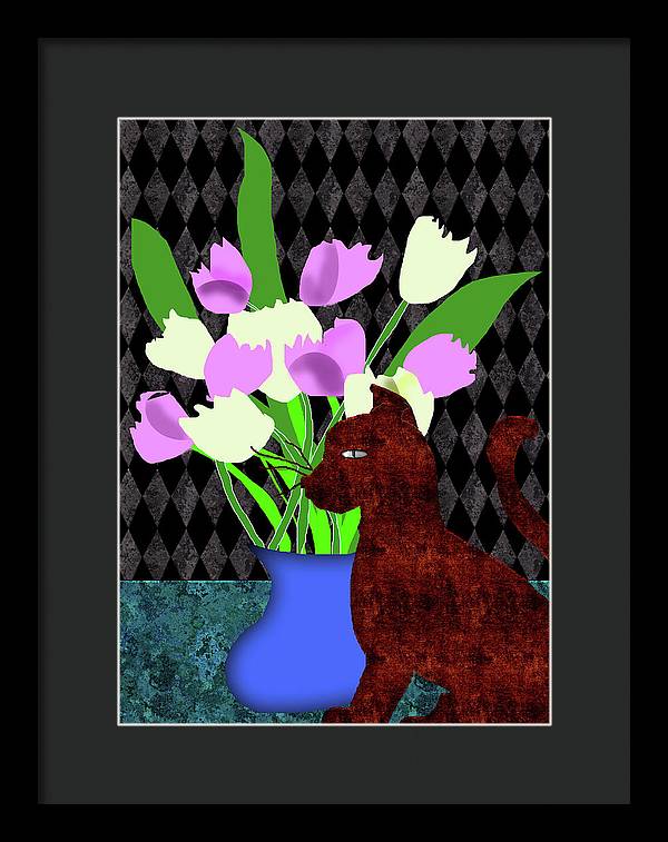 The Cat and The Tulips - Framed Print