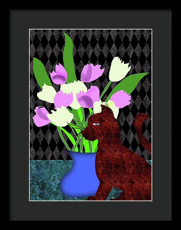 The Cat and The Tulips - Framed Print