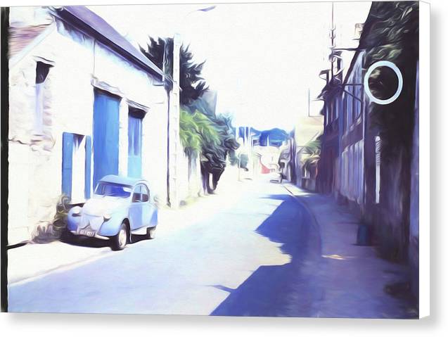 Vintage Travel Blue Car on The Street - Canvas Print