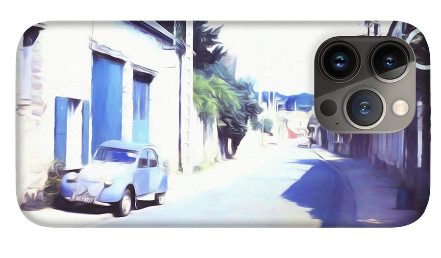 Vintage Travel Blue Car on The Street - Phone Case