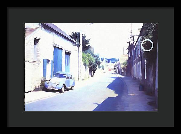 Vintage Travel Blue Car on The Street - Framed Print