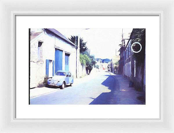 Vintage Travel Blue Car on The Street - Framed Print