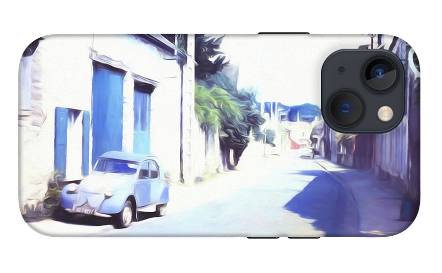 Vintage Travel Blue Car on The Street - Phone Case