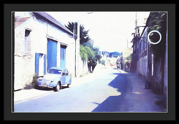 Vintage Travel Blue Car on The Street - Framed Print