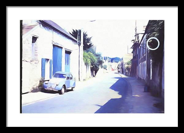 Vintage Travel Blue Car on The Street - Framed Print