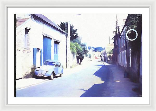Vintage Travel Blue Car on The Street - Framed Print