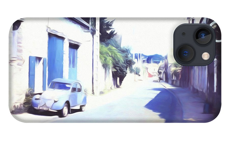 Vintage Travel Blue Car on The Street - Phone Case