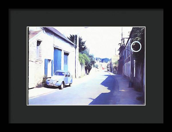 Vintage Travel Blue Car on The Street - Framed Print