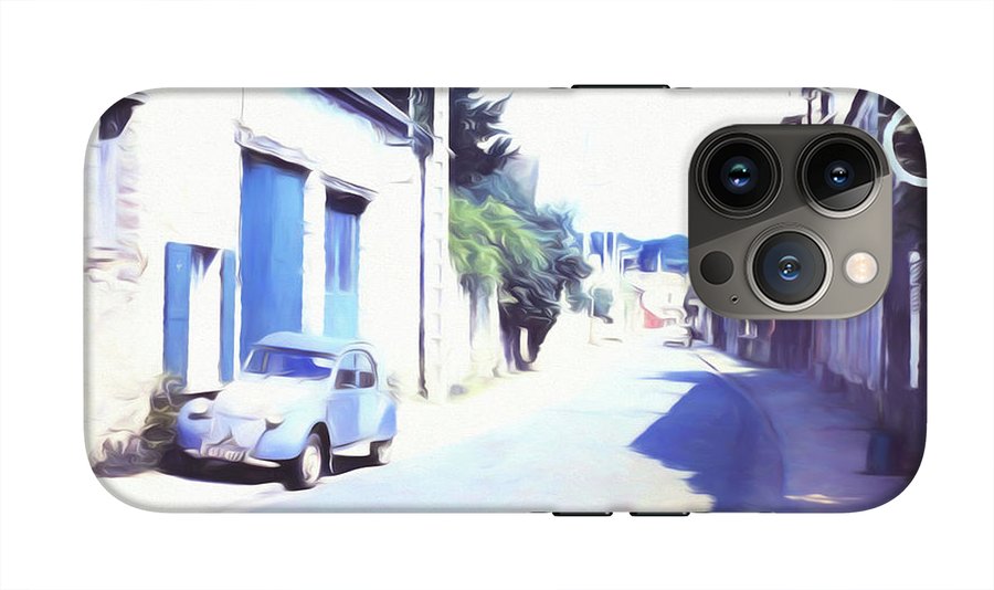 Vintage Travel Blue Car on The Street - Phone Case