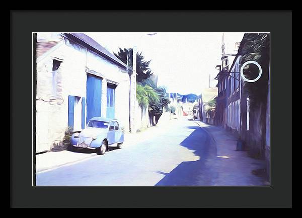 Vintage Travel Blue Car on The Street - Framed Print
