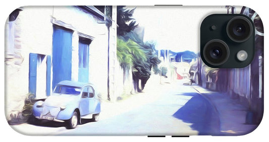 Vintage Travel Blue Car on The Street - Phone Case