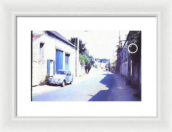 Vintage Travel Blue Car on The Street - Framed Print
