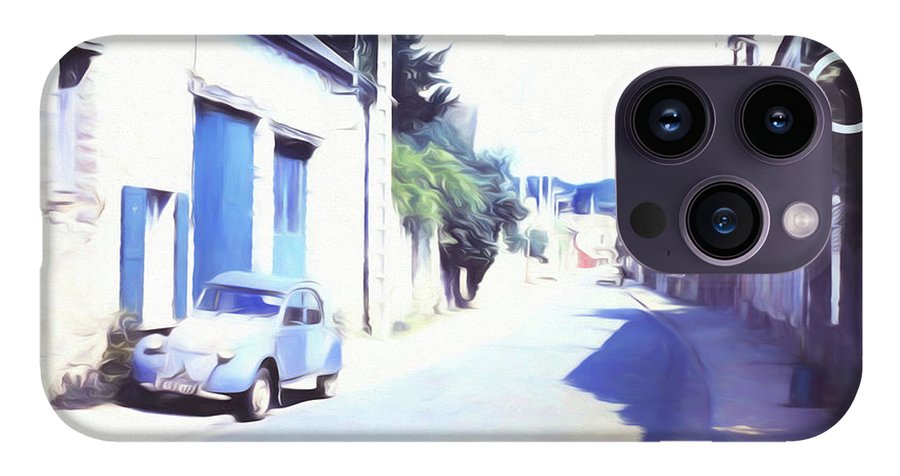 Vintage Travel Blue Car on The Street - Phone Case