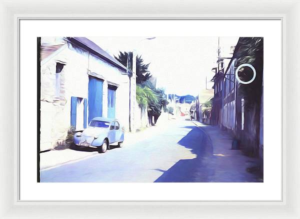 Vintage Travel Blue Car on The Street - Framed Print