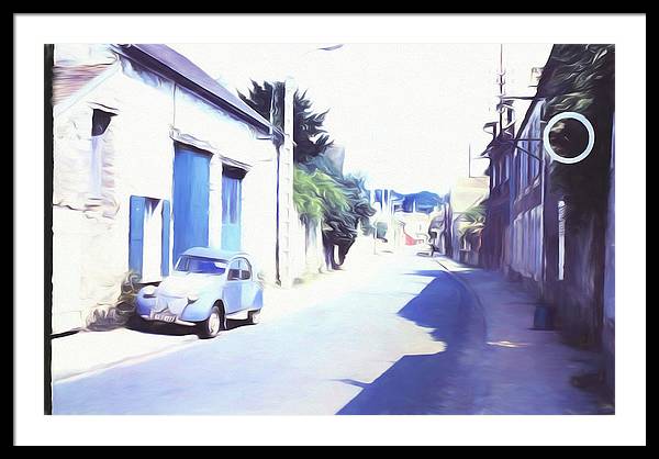 Vintage Travel Blue Car on The Street - Framed Print