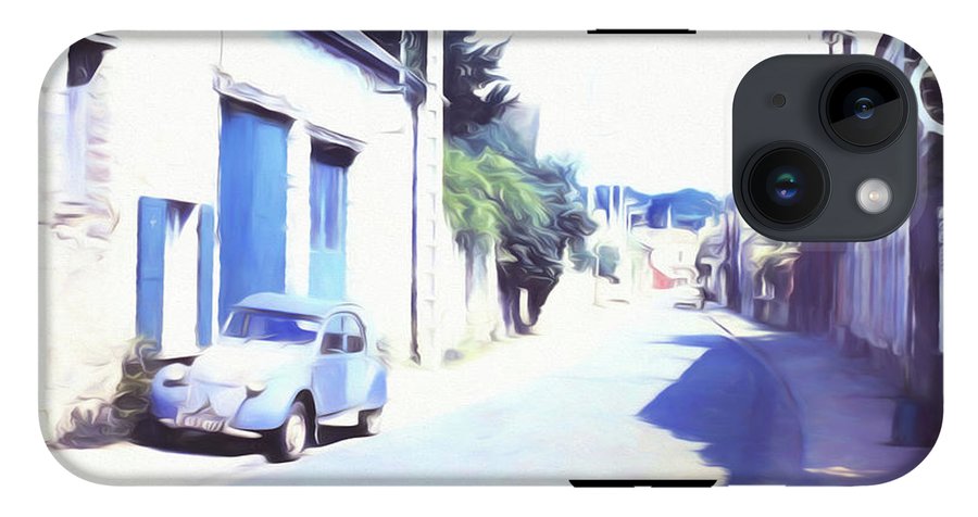 Vintage Travel Blue Car on The Street - Phone Case