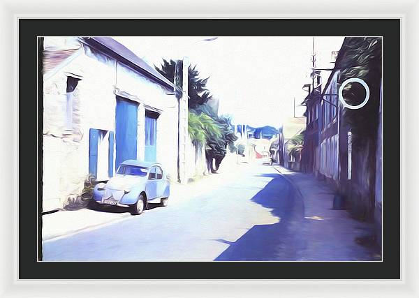 Vintage Travel Blue Car on The Street - Framed Print