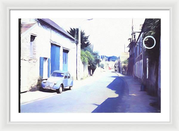 Vintage Travel Blue Car on The Street - Framed Print