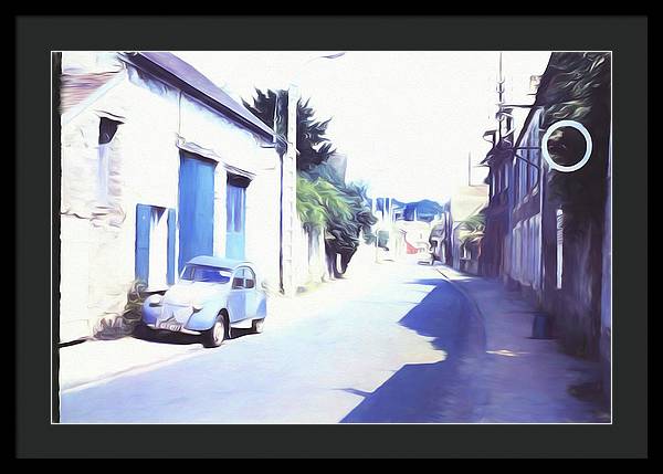 Vintage Travel Blue Car on The Street - Framed Print