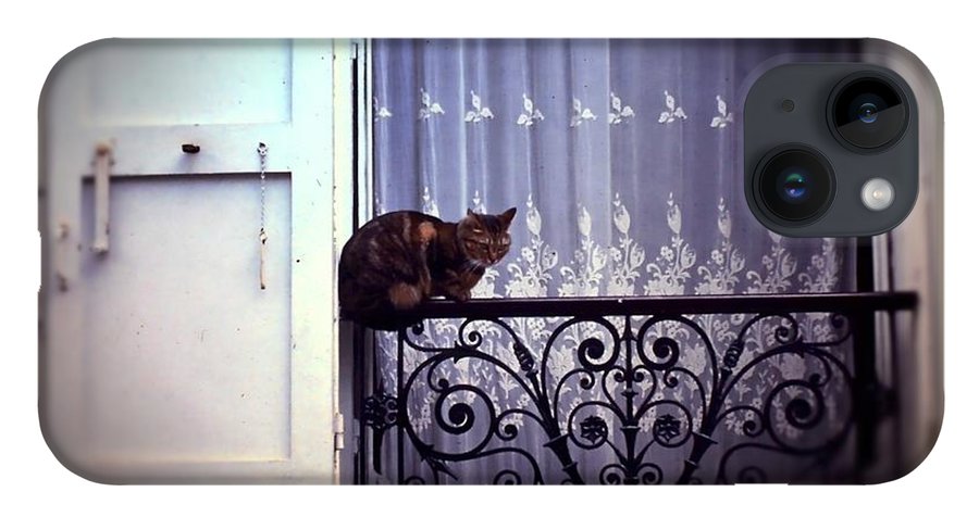 Vintage Travel Cat on a French Balcony 1967 - Phone Case