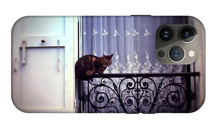 Vintage Travel Cat on a French Balcony 1967 - Phone Case