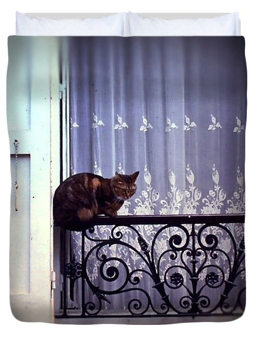 Vintage Travel Cat on a French Balcony 1967 - Duvet Cover