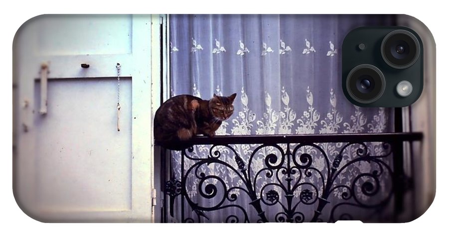 Vintage Travel Cat on a French Balcony 1967 - Phone Case
