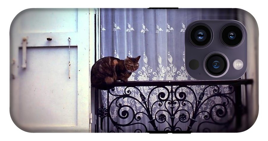Vintage Travel Cat on a French Balcony 1967 - Phone Case
